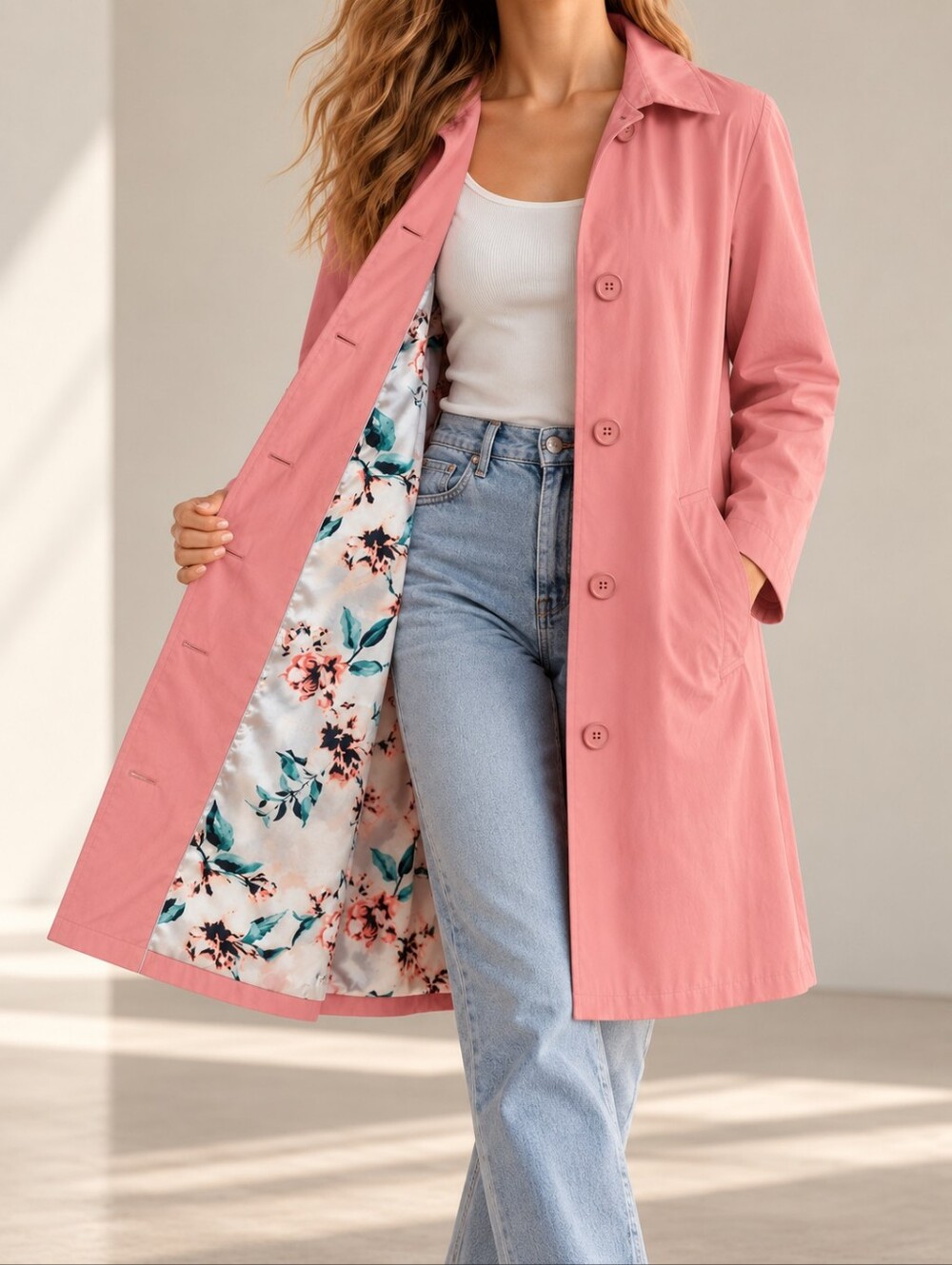 Sears Coral Raincoat Trench Jacket Floral Satin Lined Cotton Blend Classic XL